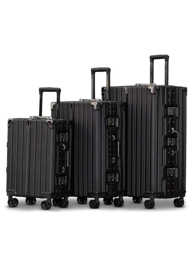 POGAGO Lightweight Aluminum Frame Polycarbonate Hard Case Luggage Set | 3-Piece Trolley Suitcase (20/24/28 Inch) | Silver Checked Luggage with 360° Double Spinner Wheels - Image 1